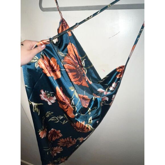 Women's Teal Floral Silk Adjustable Strap Open Back Drape Mini Night Dress - Picture 5 of 6